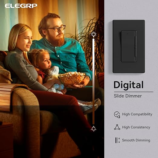 ELEGRP Digital Slide Dimmer Light Switch, Dimmer Switch with Decorative Frameless Design Wallplate for LED/CFL, Incandescent,Halogen Bulbs, Single Pole/3-Way, UL Listed, 5 Pack, Matte Black