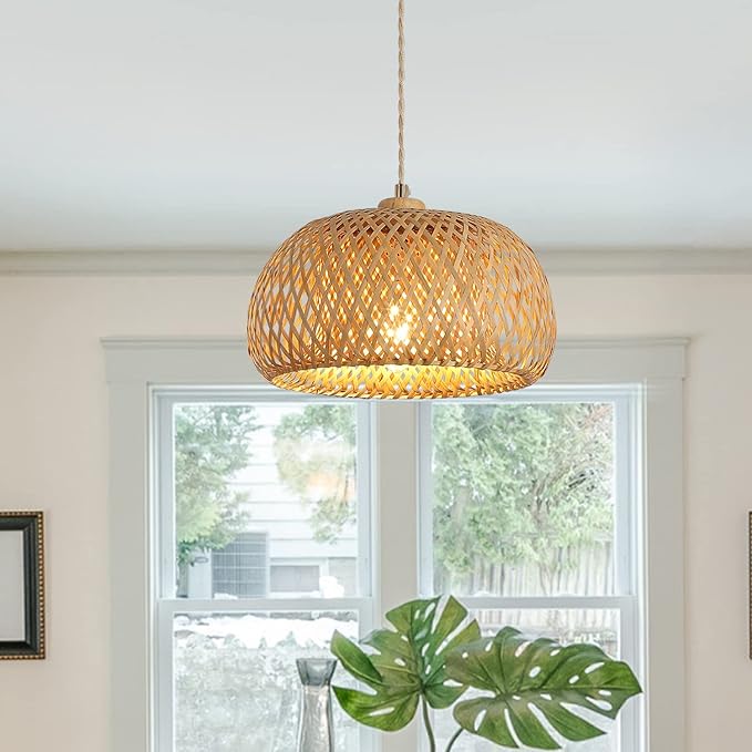 Bamboo Pendant Light Fixture One-Light Adjustable Boho Basket Handmade Woven Pendant Lighting for Kitchen Island Sink Farmhouse Dining Room