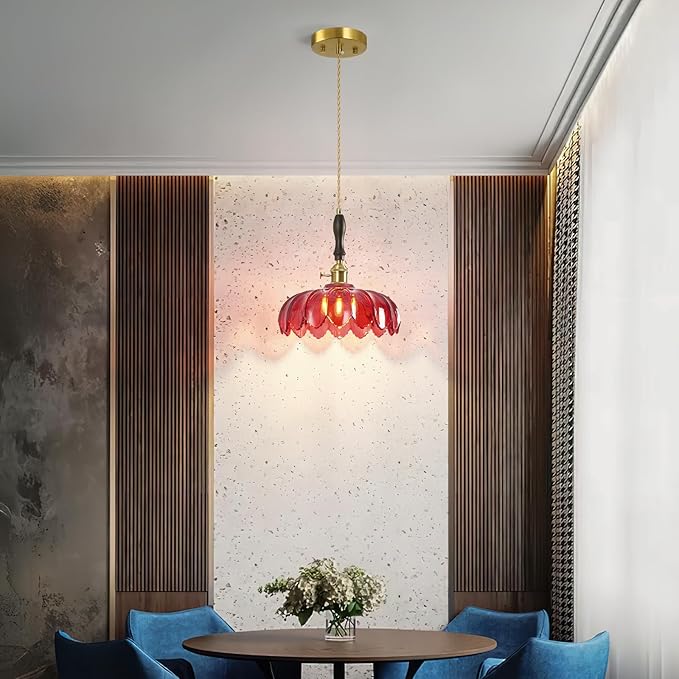 Modern Red Glass Pendant Light Retro Flower Glass Hanging Lamp Gold Brass Decorative Adjustable Ceiling Hanging Light Suitable for Kitchen Island Bedroom Dining Room Living Room