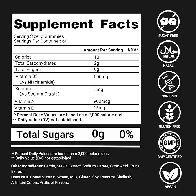 Gummies de Vitamine B3 Niacinamide 500 mg – Supplément de Niacine sans Effet Flush avec Vitamines A et E – 120 Gummies Véganes pour Adultes – Sans OGM, Sans Sucre, Sans Gluten – Approvisionnement pour 2 Mois