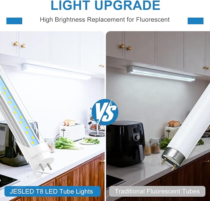 JESLED T8 LED Type Tube Light 3FT, 2520LM, 18W(45W Equivalent), 6000K, Ballast Bypass, 36 Inch F30T12 Fluorescent Bulb Replacement, Dual Ended, 36” Lighting Tube Fixture (12-Pack)