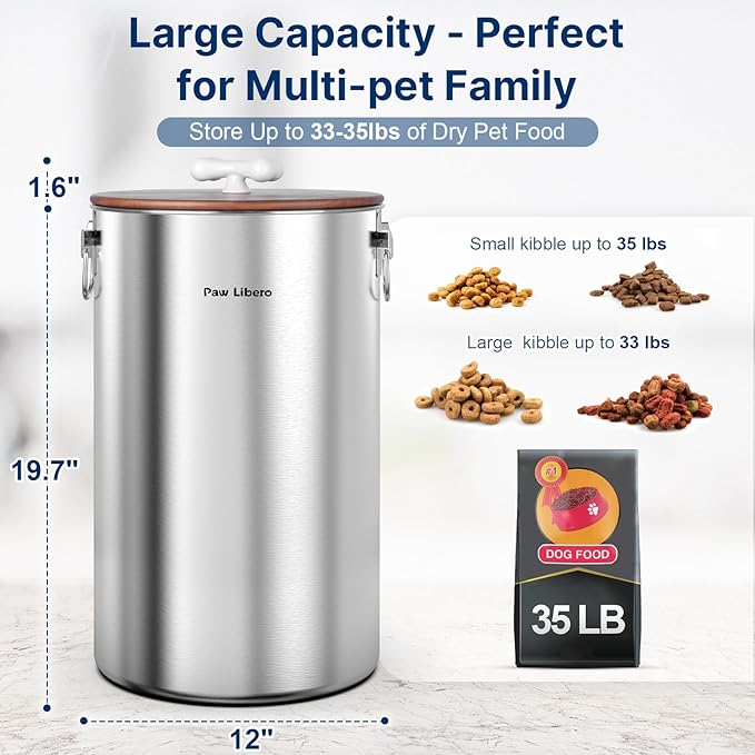 Paw Libero 2PK 35 Lbs total 70Lbs Stainless Steel Dog Food Storage Container with Airtight Wooden Lid & Ceramic Bone Handle, Large Metal Dog Food Bin for Dogs & Cats, Keep Fresh, Easy to Clean