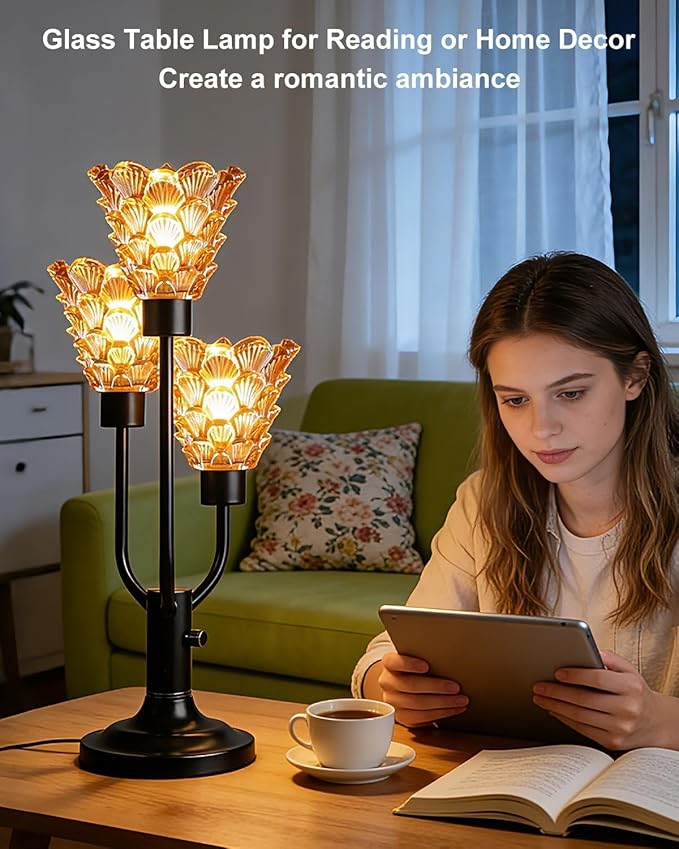 Glass Vintage Table Lamp Dimmable Nightstand Lamp Mid Century Modern Black Desk Lamp Brown Glass 3 Bulbs Included Warmwhite Ambient Bedside Lamps for Living Room Bedroom Office Home Decor