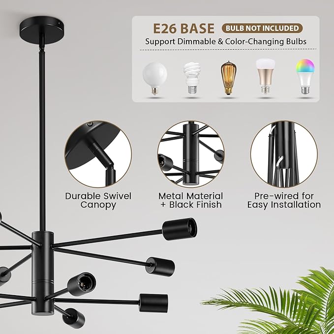 KAISITE Modern Chandelier Ceiling Light Fixture Sputnik Chandelier 10-Light Black Chandelier for Dining Room Over Table Height Adjustable Lighting Fixture Ceiling Hanging for Farmhouse Kitchen