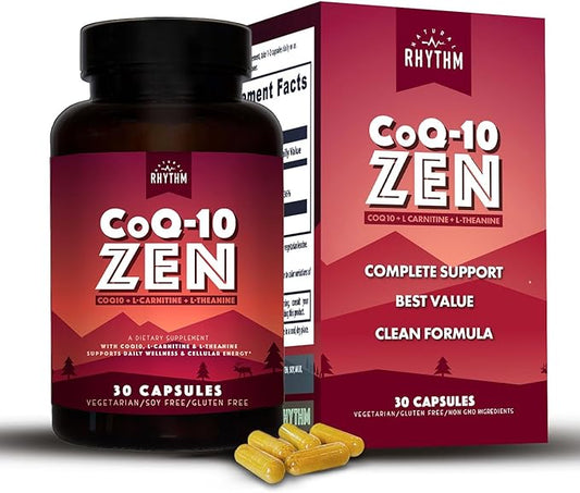 Natural Rhythm CoQ10-ZEN | Coenzyme Q10 (100 mg) + L-Carnitine (125 mg) + L-Théanine (150 mg) | Gélules de complément alimentaire | Énergie cellulaire et bien-être quotidien | 30 capsules