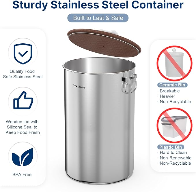 Paw Libero 35 Lbs Stainless Steel Dog Food Storage Container with Airtight Wooden Lid & Ceramic Bone Handle, Large Metal Dog Food Bin, Pet Treat Jars for Dogs & Cats, Keep Fresh, Easy to Clean