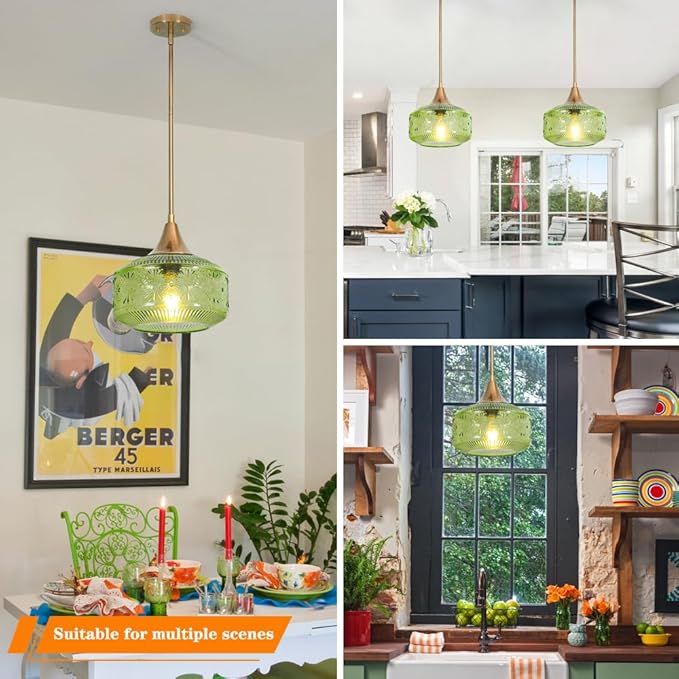 Retro Gold Pendant Light Fixtures Kitchen Island Lighting, Brass Pendant Light with Large Thickened Green Glass Globe Shade, Adjustable Hanging Light for Dining Room Bathroom Entryway, Rotation Angle