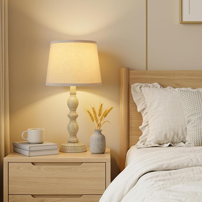 GyroVu 20.5" Table Lamps for Nightstand Set of 2, Farmhouse Lamps for Bedroom, Small Desk Lamps for Living Room, Linen Shades, Knob Switch, Bedside Lamps for Reading, Office(Creamy White)