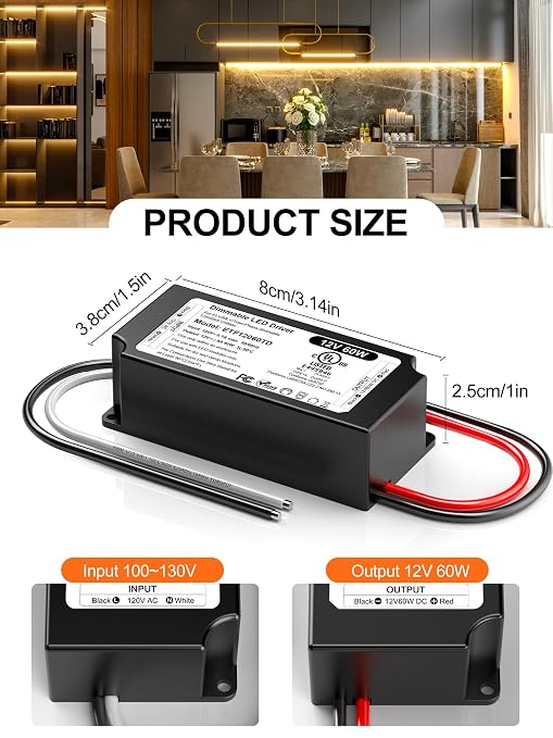 12V Dimmable LED Driver 60W UL Listed, 120V to DC 12V Triac ELV/MLV LED Transformer Compatible with Lutron & Leviton Switches 60 Watt LEDs Power Supply 12 Volt for Strip Cabinet Light