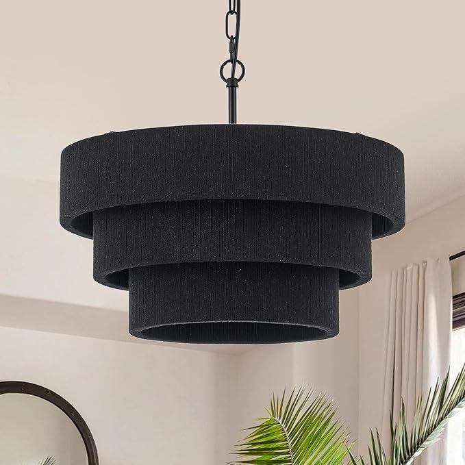 20” Boho Hand Woven Rattan Chandelier Modern 3 Round Adjustable Coastal Pendant Light for Kitchen Island Dining Living Room, Black, UL Listed