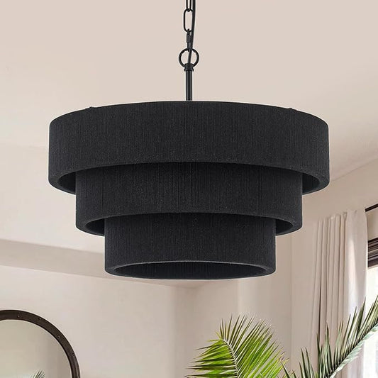 20” Boho Hand Woven Rattan Chandelier Modern 3 Round Adjustable Coastal Pendant Light for Kitchen Island Dining Living Room, Black, UL Listed