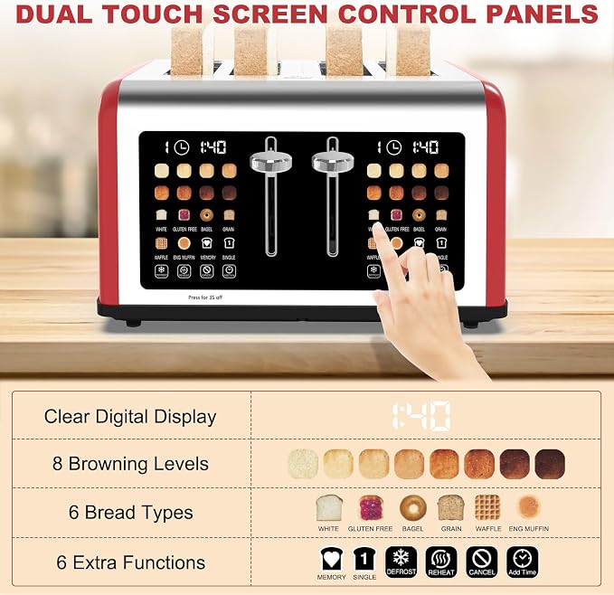 4 Slice Toaster Touch Screen, Stainless Steel Toasters Digital Timer, Dual Control Panel Toasters, 8 Shade Settings 6 Bread Types for Bagel, Cancel, Defrost 1650W Red