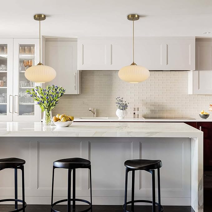 KCO Lighting Mid Century Modern Gold Globe Pendant Lighting Brushed Brass White Opal Glass Pendant Light Antique Farmhouse Single Hanging Kitchen Island Lighting Fixture