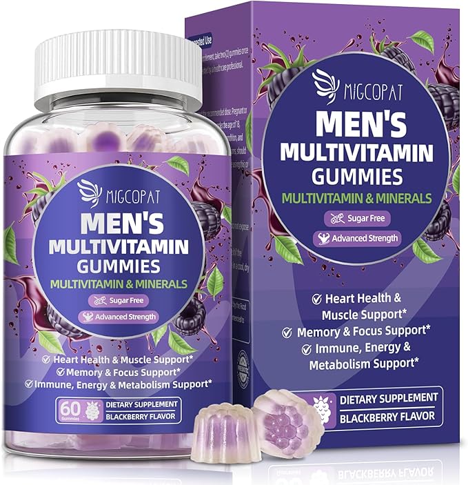Multivitamines pour hommes, Gommes multivitaminées pour hommes avec Oméga-3, Probiotiques, Inositol, Folate, Biotine, Zinc, Vitamines A, C, D, E, B - Soutient le cœur, le cerveau, les muscles, l'énergie, Sans sucre, Saveur Mûre
