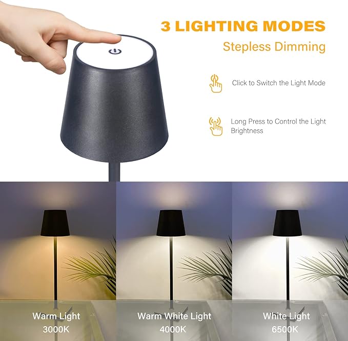 CHLORANTHUS 2 Pack Cordless Table Lamps, 3 Colors Stepless Dimming, 5000mAh Rechargeable Battery LED Desk Lamp for Bedroom/Couple Dinner/Desk/Cafe/Dining Room/Terrace