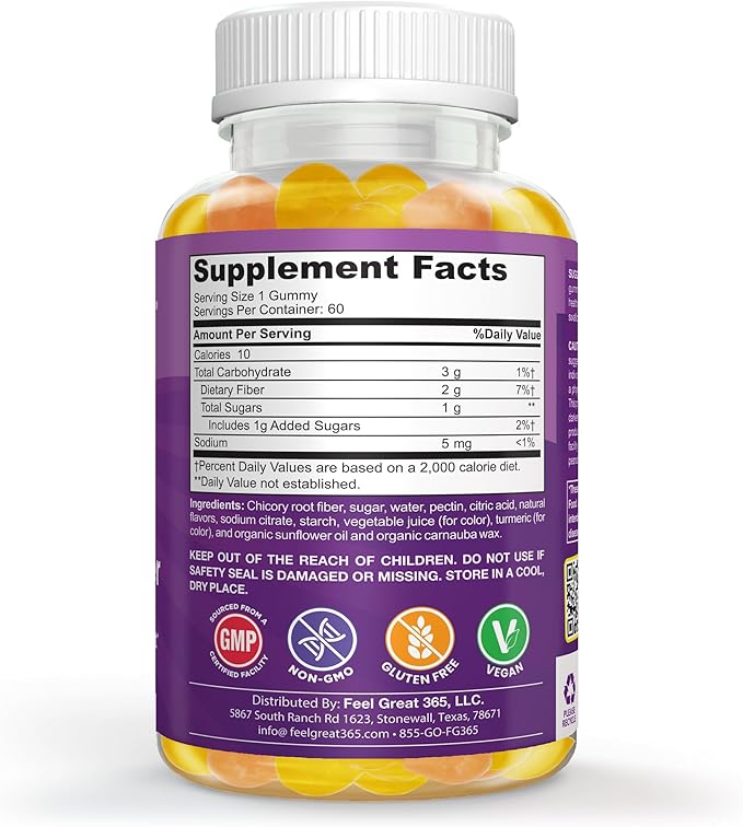 Gummies de fibres Feel Great Vitamin Company pour enfants pour le soutien digestif | Soulagement de la constipation chez les enfants | Gummies de fibres à mâcher au goût fruité | Compléments végétariens | Pour 60 jours