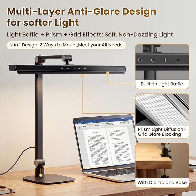 LIONVISON LED Desk Lamp for Home Office, Eye-Caring Desk Light with 2 in 1 Base/Clamp, Adjustable 5 Color 10 Brightness Computer Light with Memory & Timer Func, Metal Swing Arm Anti-Glare Table Lamp