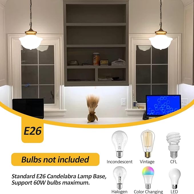 youngrender Schoolhouse Pendant Fixtures, 9" Brass Gold Milk Glass Pendant Light, Adjustable Mid Century Ceiling Pendant Lighting for Bedroom Kitchen Living Room Hallway Dining Room