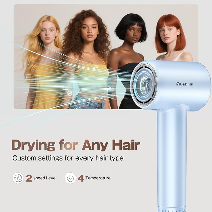 Labiim Hair Dryer, High-Speed Ionic Blow Dryer 110,000 RPM Brushless Motor for Fast Drying, 200M Ions Frizz & Thermo-Control HairDryer with Magnetic Nozzle, Quiet Compact for Home Travel, Blue