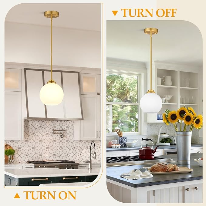2 Pack 22"-50" Height Adjustable Glass Pendant Lights Kitchen Island, Globe Brushed Gold Pendant Lights with Milk Glass Shade, Mid Century Pendant Light Fixtures Kitchen Pendant Lighting over Island