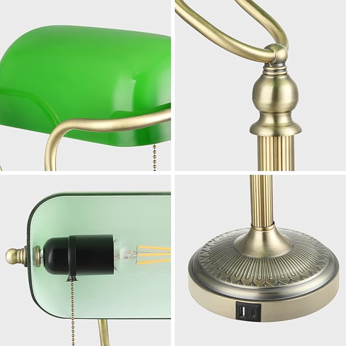Green Glass Bankers Desk Lamp with Pull Chain Switch Plug in Fixture,USB Fast Charging Port