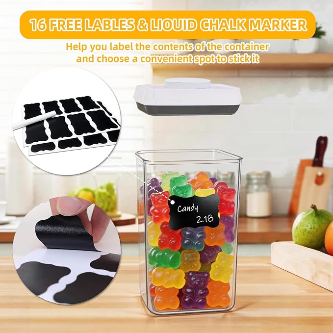 Pop Push Button Airtight Food Storage Containers with Lids | 3 Sizes: 0.65/0.7/1.8Qt for Cereal Flour Sugar Snacks Pet Food, BPA-Free Space-Saving Pantry Kitchen Canisters