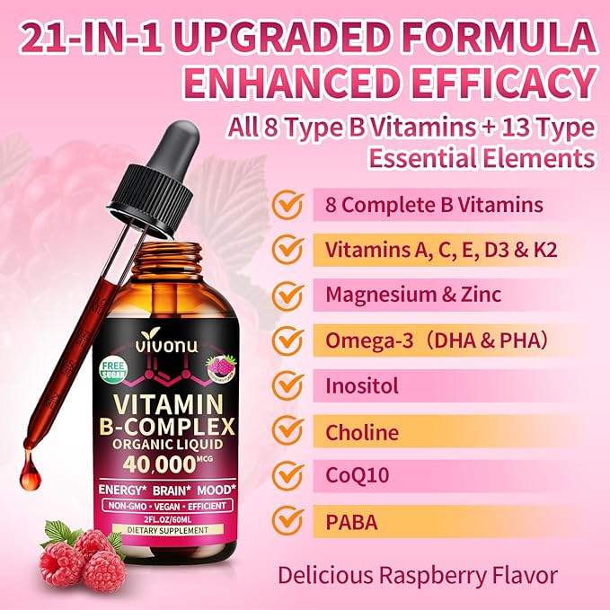 VivoNu Vitamin B Complex Liquid Drops, Methylated Vitamin B12 6000 mcg, B1, B6, B3, B5, B2, Folate, Biotin with Vitamin C D A E, Magnesium, Zinc, CoQ10 for Energy (4 Bottle)