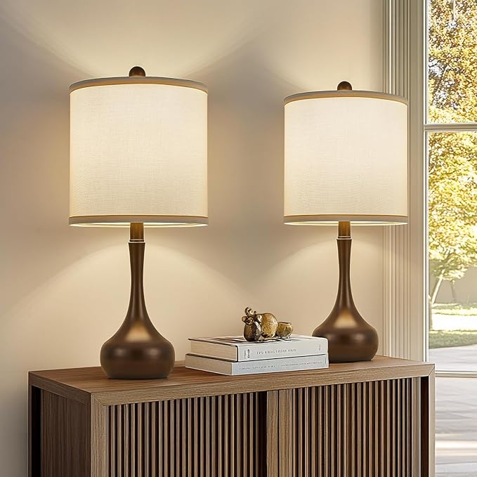 23" Farmhouse Table Lamp Set of 2, Brown Metal Modern Bedside Lamps for Living Room, 3 Color Temperature Rustic Table Lamps for Bedroom, Night Stands, Dorm,Office, Home Décor (Bulb Included)