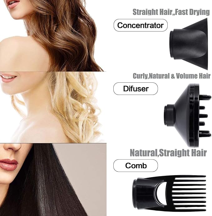 JINRI Hair Dryer, 1875W, 3 Heat & 2 Speed, with Diffuser, with Concentrator, Ionic Technology & Infrared - Black, Detachable Air Intake, Non-Foldable, Hanging Strap, 125V, JR-104D