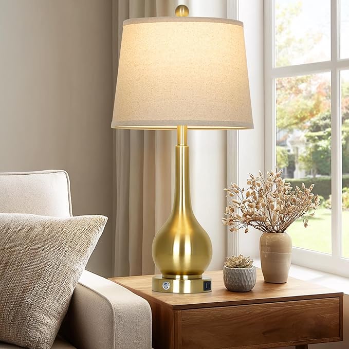 Rinweey 26" Gold Lamps Set of 2 for Living Room, Touch Control Table Lamps for Bedroom, 3-Way Dimmable Bedside Lamps for Nightstand with with USB A+C Ports (2 LED Bulbs Included)