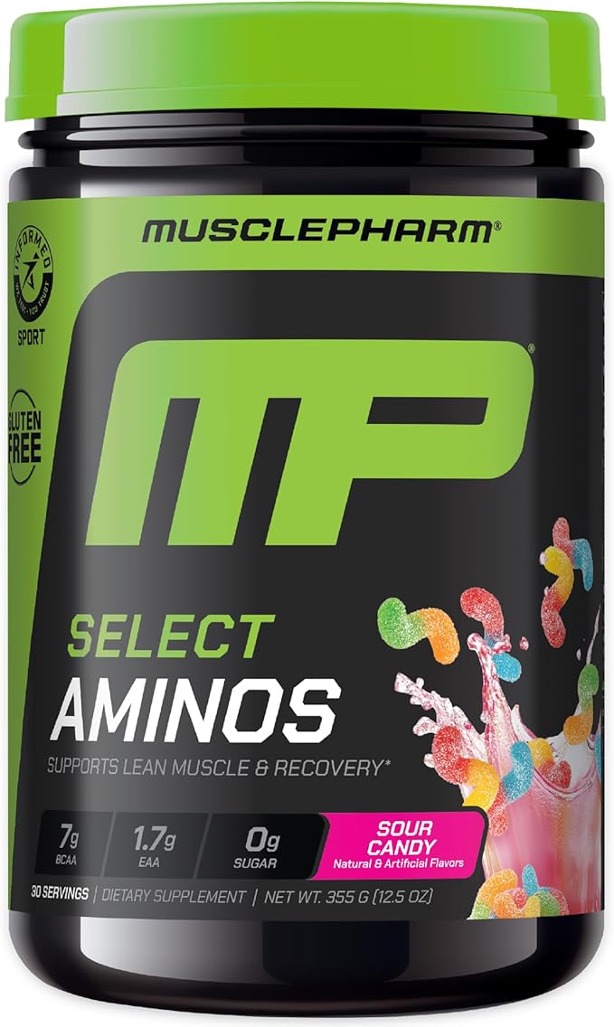 MusclePharm Select Amino's EAA + BCAAs, Post Workout Essential Amino Acids Powder, Pre Workout Energy Supplement for Men & Women with Branched Chain Amino Acids, 30 Servings (Sour Candy)