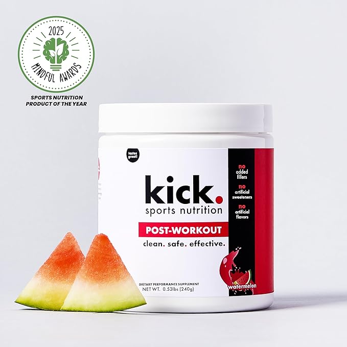 Kick Post Workout Powder, Watermelon Flavor, 30 Servings, Magnesium, Vitamin C, Electrolytes, & Zinc to Support Hydration & Muscle Renewal, No Added Fillers, No Artificial Sweeteners or Flavors