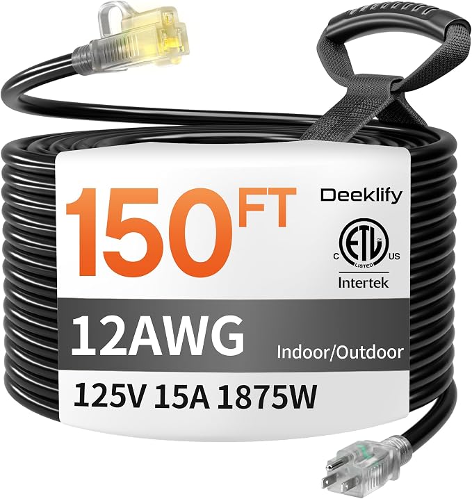 12 Gauge 150 FT Heavy Duty Outdoor Extension Cord Waterproof with Lighted End,Black 12 Gauge Extension Cord Flexible and Cold Resistant 3 Prong Grounded Plug,15Amp 1875W SJTW ETL Listed