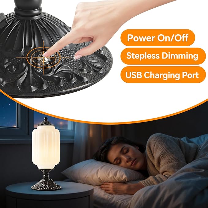 Milk Glass Table Lamp, Touch Control with USB Charging Port Vintage Bedside Desk Lamp Stepless Dimming for Bedroom Living Room Nightstand Led Bulbs Included （White）