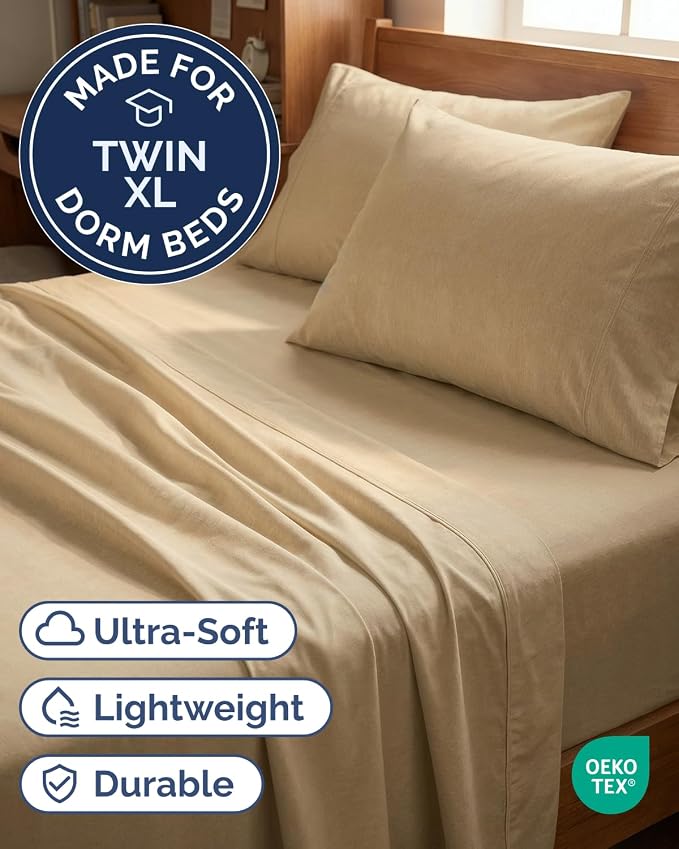 Twin XL 4 Piece Sheet Set - Comfy Breathable & Cooling - Soft Hotel Luxury Bedding Set with 8-16 Inch Deep Pockets - 1 Flat & 1 Fitted Sheet & 2 Pillowcases - Wrinkle Free & Easy Care - Heathered Tan