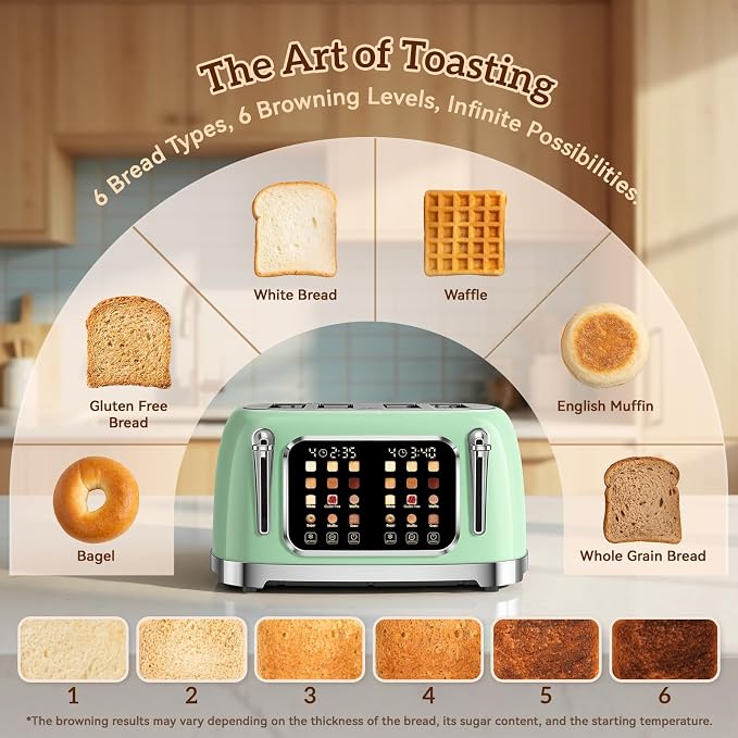 RONGBEST Retro Stainless Steel Toaster 4 Slice with Wide Slot Touch Screen, 6 Browning Levels for Breakfast Bagel & Bread, Reheat & Defrost, Removable Crumb Tray, Mint Green