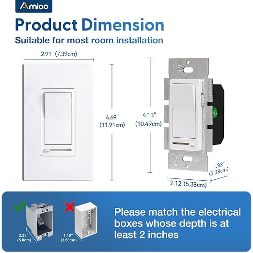 Amico 12 Pack Light Dimmer Switch, No Neutral Wire, Single Pole or 3-Way, for Dimmable LED/CFL (150W) & Halogen/Incandescent (600W), Slide to Dim, White with Wall Plates Included, ETL Listed