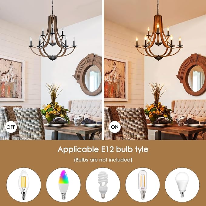 LAMPKEDUO Farmhouse Chandeliers for Dining Room Light Fixture, 2 Tier 9-Light 31" Black with Faux Wood Texture Rustic Adjustable Height Chandelier for Living Room Bedroom Foyer Entryway