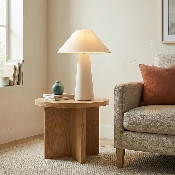 Novogratz x Globe 18" Ceramic Table Lamp, Matte Cream, Off-White Tapered Fabric Shade, in-Line Rocker Switch, 5 Ft. Clear Cord, Home Office, Desk, Living Room