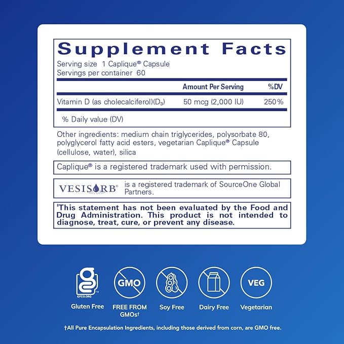 Pure Encapsulations Vitamine D3 VESIsorb | Complément pour soutenir les os, le cœur, le côlon, la santé mammaire et une meilleure absorption de la vitamine D* | 60 capsules Caplique