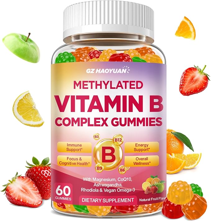 Methylated Vitamin B Complex Gummies for Women & Men with Vitamin B1, B2, B3, B5, B6, B7, B9, B12 & Magnesium, Omega-3, CoQ10, Supports Brain Health, Energy, Immune, Sugar Free, Fruit Flavor, 60ct