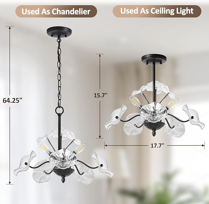 Luvkczc Black Chandelier,Vintage Flower Glass Pendant Light Fixture,Mid Century Ceiling Light Fixture for Dining Room, Kitchen, Living Room, Bedroom Hallway Porch,3 Lights