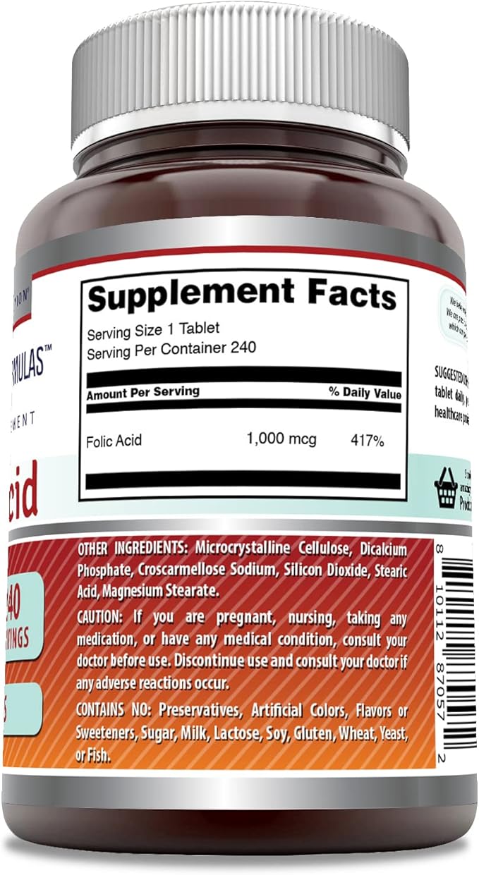 Amazing Formulas Folic Acid 1000 Mcg (1 Mg) | 240 Tablets Supplement | Vitamin B9 | Non-GMO | Gluten Free | Made in USA
