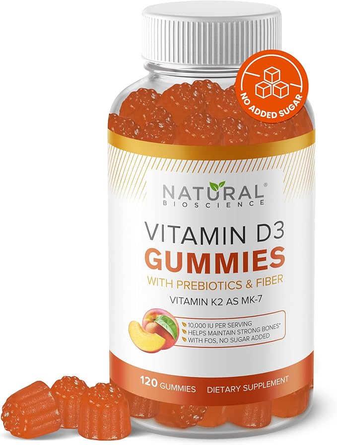 Vitamine D3 10000 UI et K2 Gummy pour adultes – Sans sucre, absorption élevée – Soutient la santé des os, des articulations, du système immunitaire, du cœur, du cerveau et des dents – Sans OGM, sans gluten, à base de fibres, saveur pêche, 120 Gummies