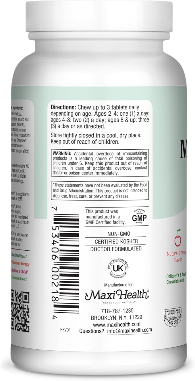 Maxi Health Multivitamine à croquer pour enfants, adolescents et adultes - Vitamines à croquer saveur cerise pour adultes et enfants - Multivitamine casher pour enfants + fer (180 comprimés)