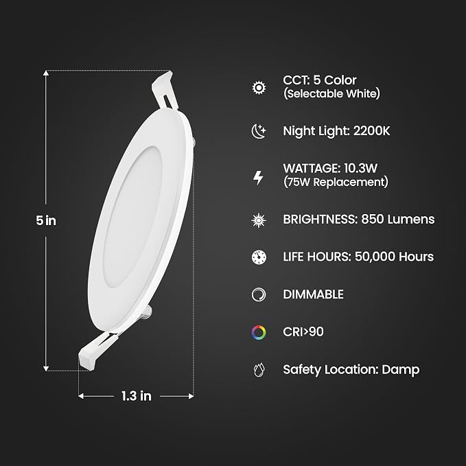 Feit Electric 4" LED Canless Recessed Downlight with Night Light Mode and Integrated J-Box, 75W EQ, Dimmable, 5CCT Selectable White, 90 CRI, 850 Lumens, 45-Year Lifetime, LEDR4XT/HO/NL5CCTCA4, 4 Pack