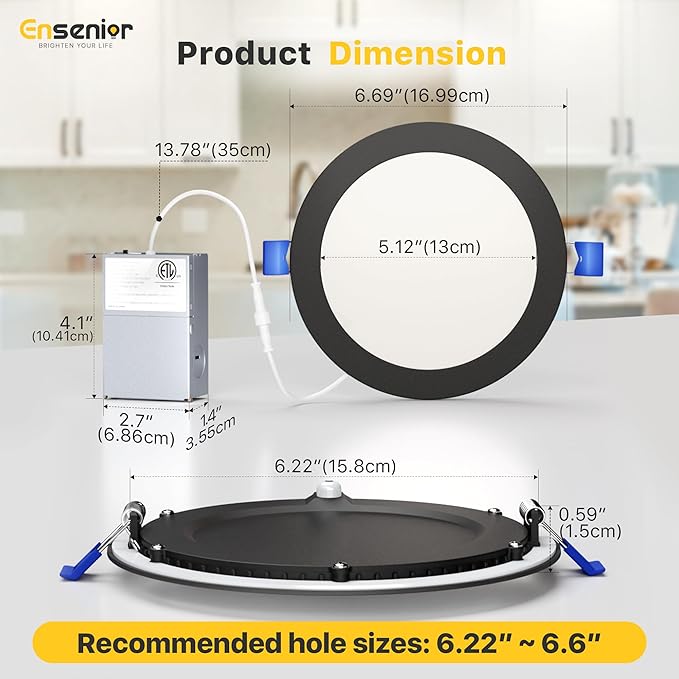 Ensenior 4 Pack 6 Inch LED Recessed Light, Dimmable, 2700K-5000K 5CCT, 1200LM High Brightness, 12W 120V, Damp Rated, Ultra-Thin Canless Wafer Light, Black - ETL & FCC & IC