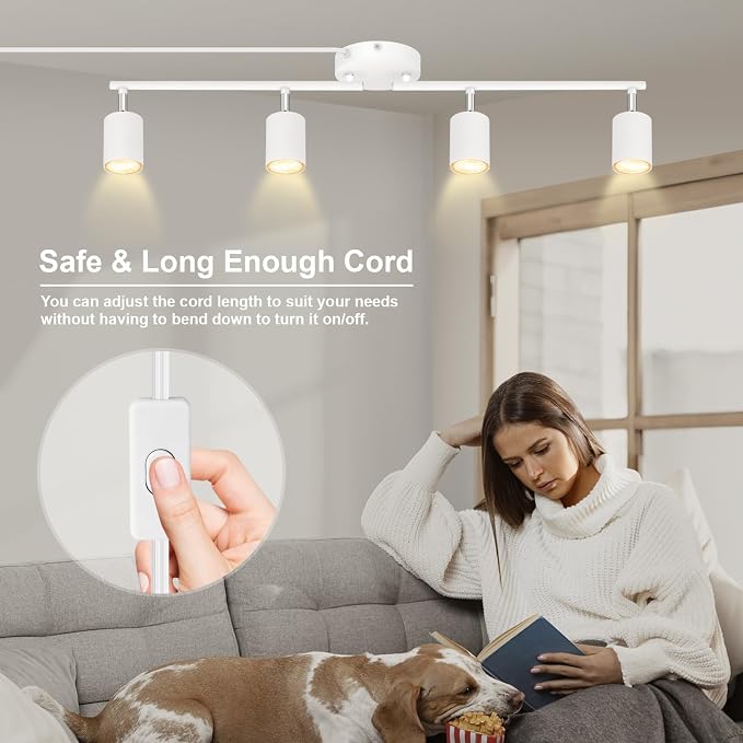 Plug in Track Lighting LED, Track Lighting Fixtures Ceiling, White 4-Light Kitchen Light Kit, Plug in Wall Light with 14.8ft Power Cord, Rotatable Ceiling Spotlight for Bedroom(GU10 Socket, NO Bulb)