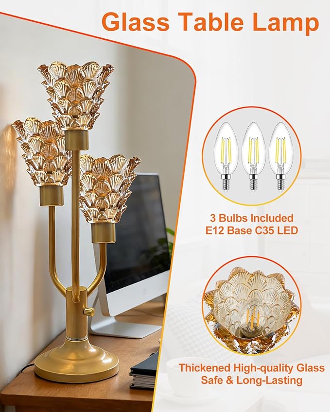 Mid Century Modern Table Lamp Nightstand Lamp Dimmable Gold Vintage Desk Lamp with Brown Glass 3 Bulbs Included Warmwhite Ambient Bedside Lamps for Living Room Bedroom Office Home Decor