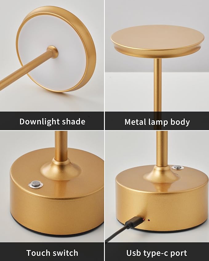 PUSU Rechargeable Table Lamps Set of 2, Gold Cordless LED 4000mAh Battery Desk Lamp, Stepless Dimming & 3 Color 2700K-6000K, Portable Lamp for Bedroom, Living Room, Restaurant, Outdoor, Night Light